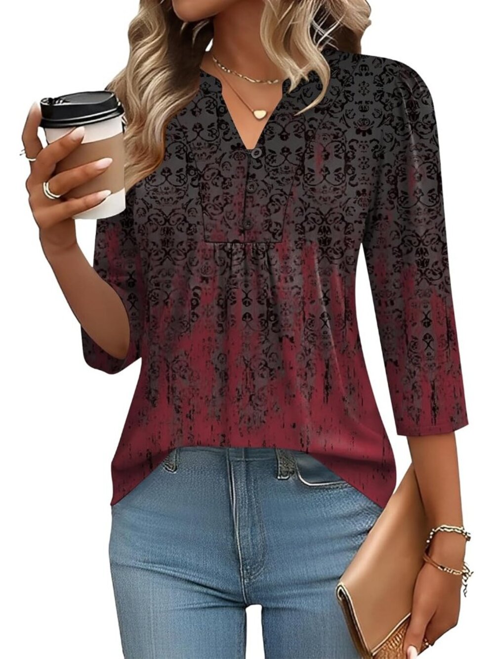 Women's 3/4 Length Sleeve Tops Dressy Casual Henley V-Neck Tops Wine Red Floral